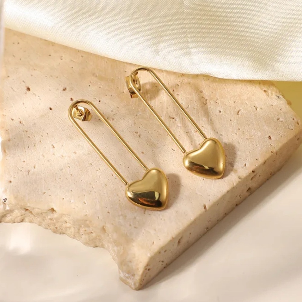 18K Gold-Plated Stainless Steel Heart Safety Pin Paperclip Drop Earrings